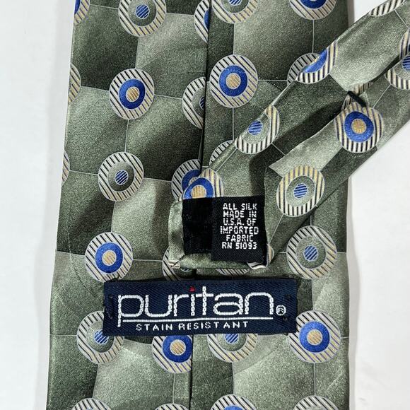 Green and Blue Vintage Tie, 100% Silk, Geometric Pattern from Puritan Retro - Picture 5 of 7